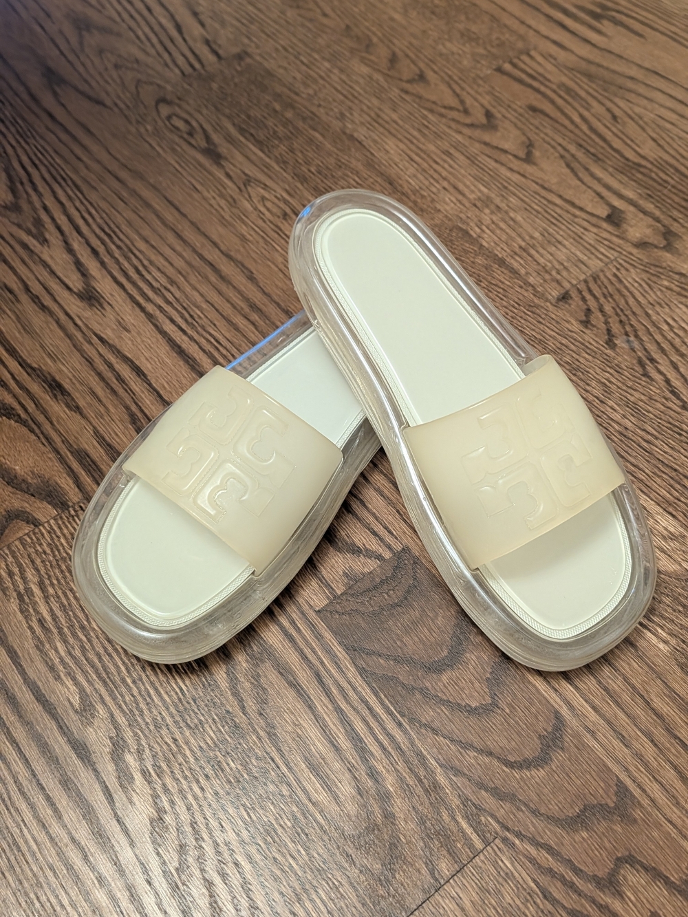 Tory Burch Cream Jelly Slide Sandals with Embossed Logo Strap